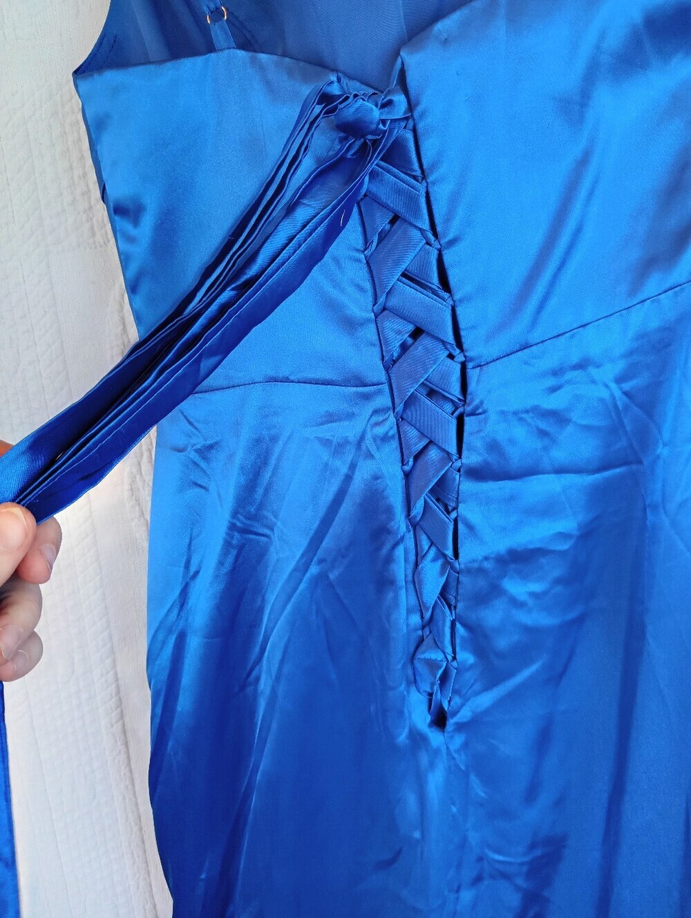 Satin One-Shoulder Evening Gown Cobalt Blue Corset Back Flowy Colorful Goddess - Picture 7 of 9